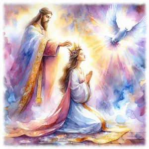 The Coronation of Mary reflection: witness her crowning as Queen of Heaven, and pray the Scriptural Rosary for this Glorious Mystery.