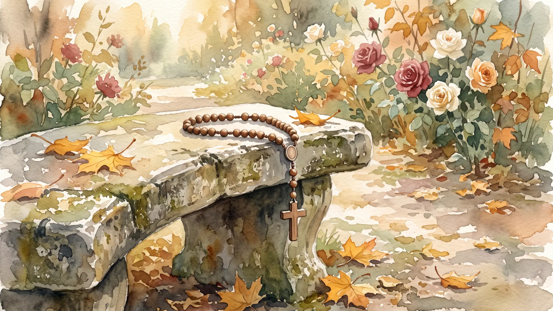 A watercolor of a wooden rosary draped over a stone garden bench among autumn roses, for October, the Month of the Holy Rosary