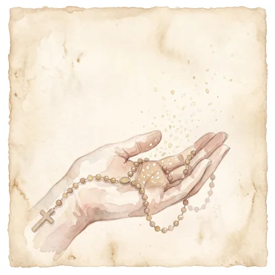 A hand with a rosary draped across it, soft light drifting up from the beads like scattered grace