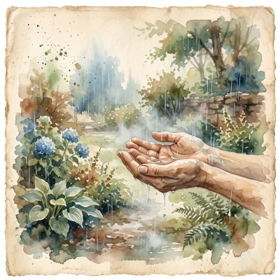 A loose watercolor painting of gentle rain falling over a quiet garden, cupped hands catching a few drops, soft mist rising from the ground
