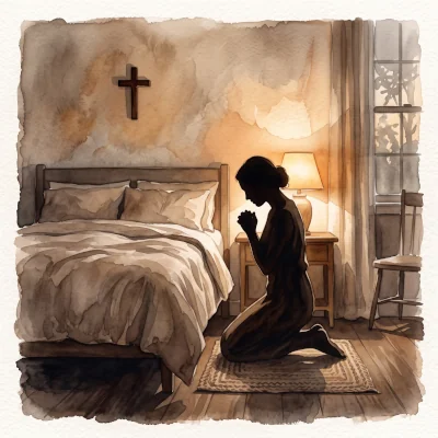 A watercolor of an adult in quiet prayer before bed