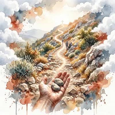 A Watercolor image of a hand with two small stones to be carried up a hill for prayer intentions. A Watercolor image of a hand with two small stones to be carried up a hill for prayer intentions.