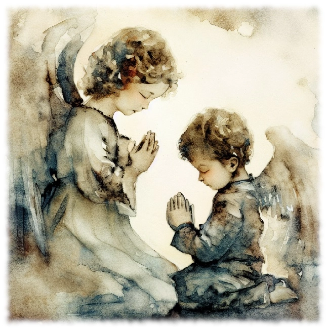 A watercolor image of children praying looking like angels. A watercolor image of children praying looking like angels.