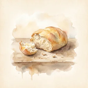 A small watercolor illustration of a simple loaf of bread, partially broken, resting on a plain table