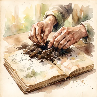 A loose watercolor painting of two hands gently planting a small seed into dark soil beside an open journal page, morning light falling softly across the scene