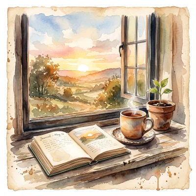 A loose watercolor painting of a sunrise breaking over a windowsill with an open journal, a steaming cup of tea, and a small potted seedling nearby