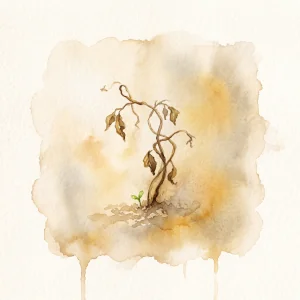 A small watercolor illustration of a mostly bare, slightly wilted seedling with one tiny new green sprout at its base