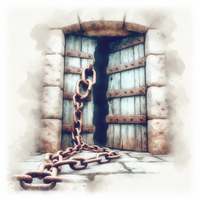 An old, heavy door slightly ajar, with chains broken on the ground, symbolizing release.