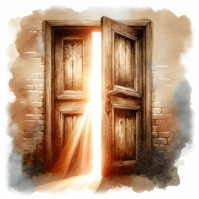 A rustic wooden door with light shining through a crack, symbolizing an awakening.