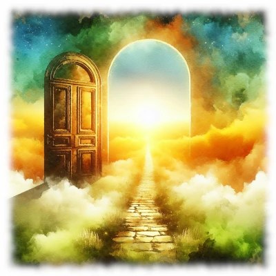 A modern, clean door with a path leading to a bright horizon, symbolizing new desires.