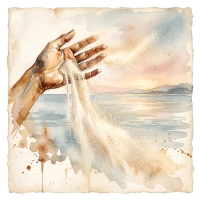 A loose watercolor painting of a hand releasing a handful of pale sand into the wind over calm water, the grains dissolving into light
