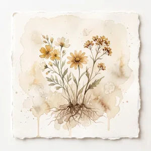 A small watercolor illustration of three wildflowers growing from one shared root