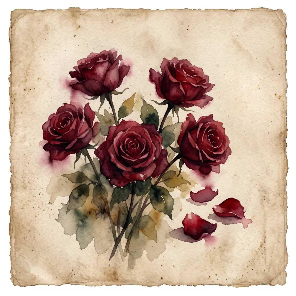 Watercolor painting of five deep blood-red roses on aged parchment, symbolizing the Crucifixion, the fifth Sorrowful Mystery