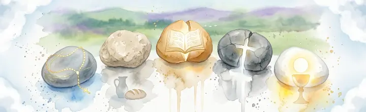 Five watercolor stones in a row indicating the five stones of medjugorje.