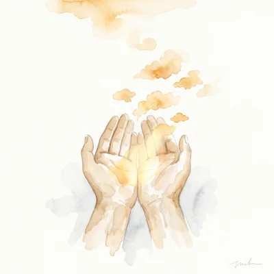 A minimalist watercolor of open hands cupped upward, catching golden light