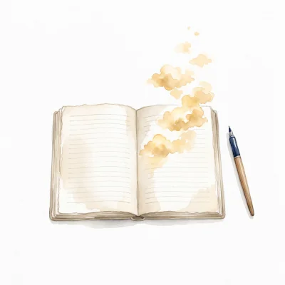 A minimalist watercolor of an open journal and pen, golden watercolor cloud puffs rising from the page