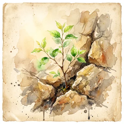 A loose watercolor painting of a single green sapling growing up through a crack in old stone, morning light catching the new leaves