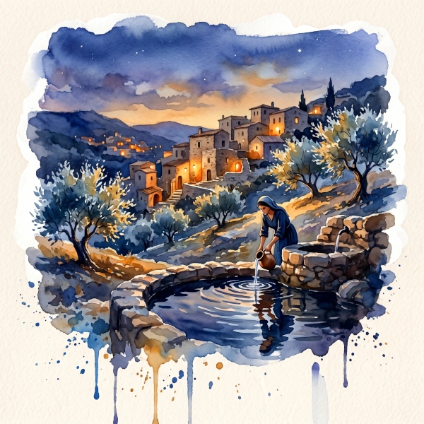 An expressive nano banana watercolor painting depicting a hillside village at dusk, with a woman drawing water from a spring.