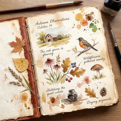 A loose watercolor painting of a journal page filled with small sketches and dried paint smudges, a few pressed leaves tucked into the binding