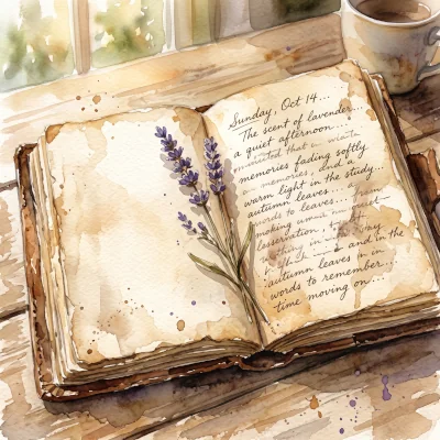 A loose watercolor painting of an older, worn journal open to a page filled with handwriting, a small sprig of dried lavender tucked between the pages, warm afternoon light falling across it