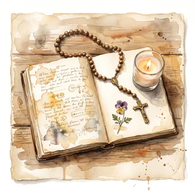 A loose watercolor painting of an open journal surrounded by a rosary, a small pressed flower, and a lit candle, resting on a wooden table in soft light