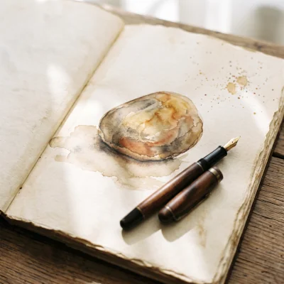 A loose watercolor painting of a single smooth stone resting on an open journal page beside a pen, soft shadow falling across the paper
