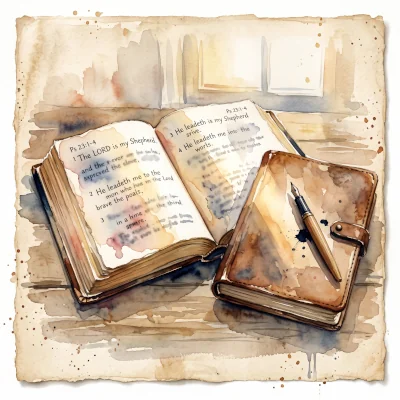 A loose watercolor painting of an open Bible beside a journal and pen, a shaft of soft light falling across both pages