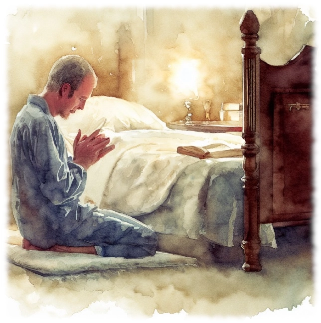 A watercolor image of a man kneeling besides his bed. A watercolor image of a man kneeling besides his bed.