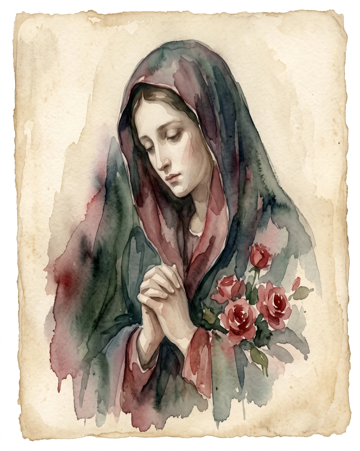 Watercolor painting of the Virgin Mary in sorrow with blood-red roses, closing image for the Sorrowful Mysteries novena