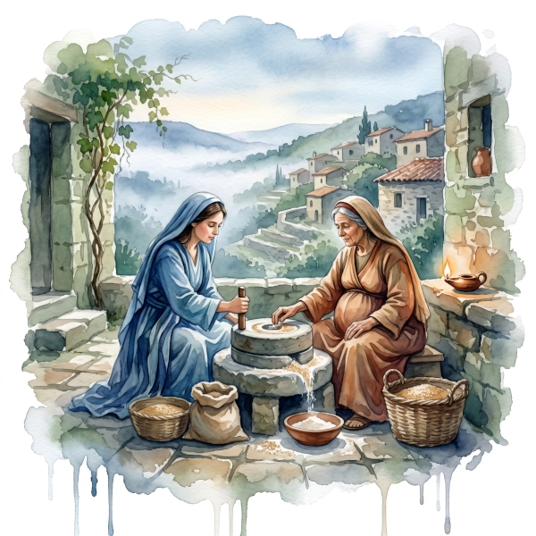 A gentle watercolor by nano banana of Mary and Elizabeth grinding grain at dawn in a stone courtyard, characterized by cool morning light.