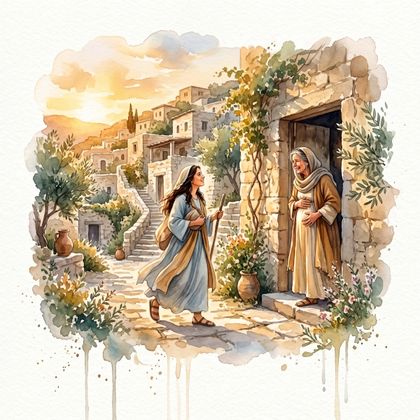 A loose watercolor painting in the style of nano banana, showing Mary in blue robes greeting her pregnant cousin Elizabeth at a stone doorway at golden hour.