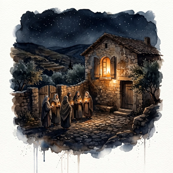 A deep tone watercolor painting by nano banana showing neighbors gathering in a cobbled courtyard by lamplight at night, watching a house in anticipation.