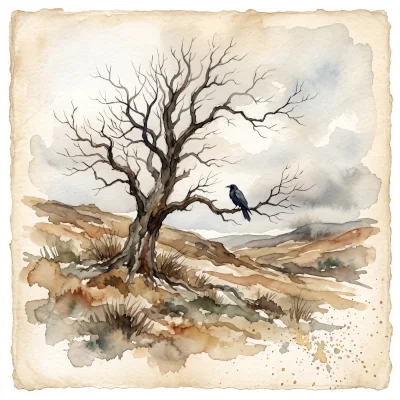A loose watercolor painting of a solitary bare tree on a windswept northern hillside, a single raven perched on a low branch, pale wintry light