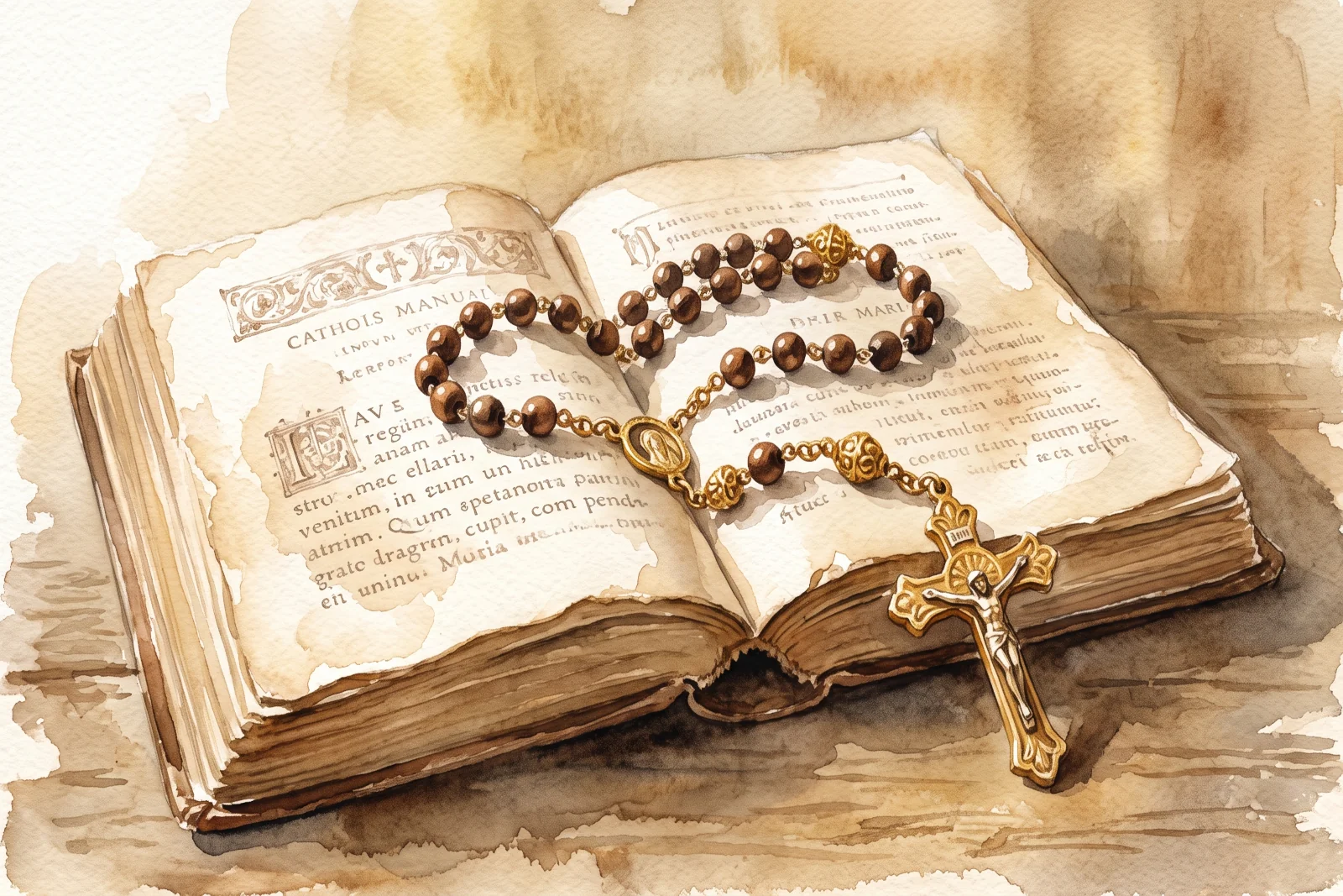 A rosary resting over an open page, marking the feast of Our Lady of the Rosary