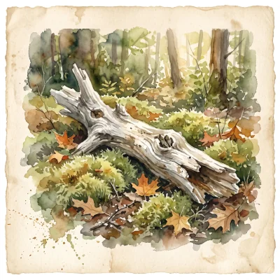A loose watercolor painting of a weathered piece of bleached driftwood resting in soft moss and fallen leaves, dappled forest light above