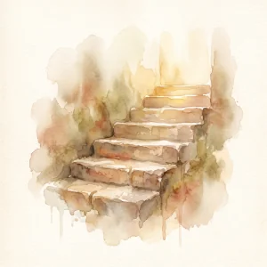 A small watercolor illustration of worn stone steps leading upward into soft warm light
