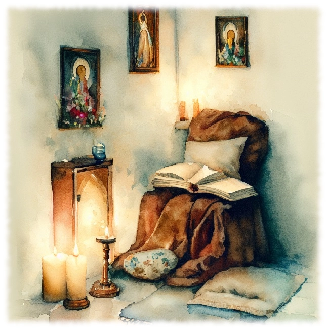 A watercolor of a prayer nook. A watercolor of a prayer nook.