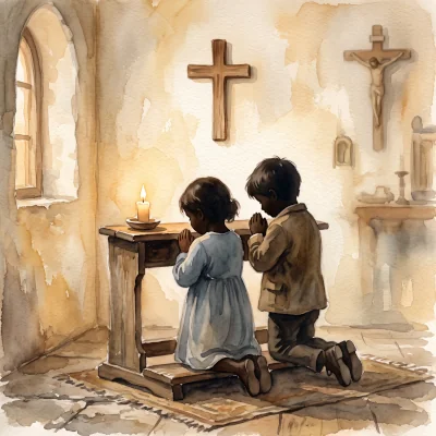 A watercolor of children kneeling