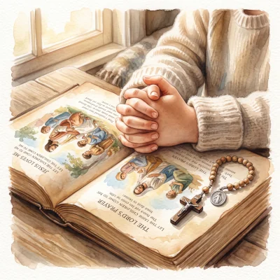 A gentle watercolor of children praying together