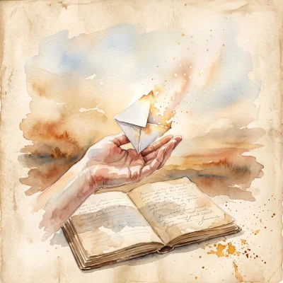 A loose watercolor painting of a hand releasing a small folded piece of paper into open air, the paper dissolving into light at its edges, journal visible below