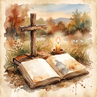 A loose watercolor painting of an open journal resting at the foot of a small plain wooden cross, a single candle burning nearby, soft shadow falling across the blank page
