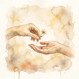 A small watercolor illustration of two hands, one gently placing a small offering into the other