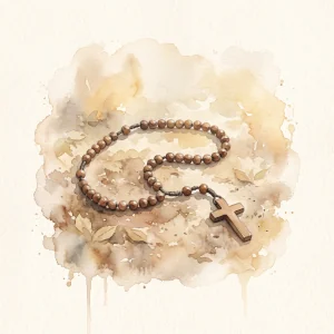 A small watercolor illustration of rosary beads resting quietly on plain ground