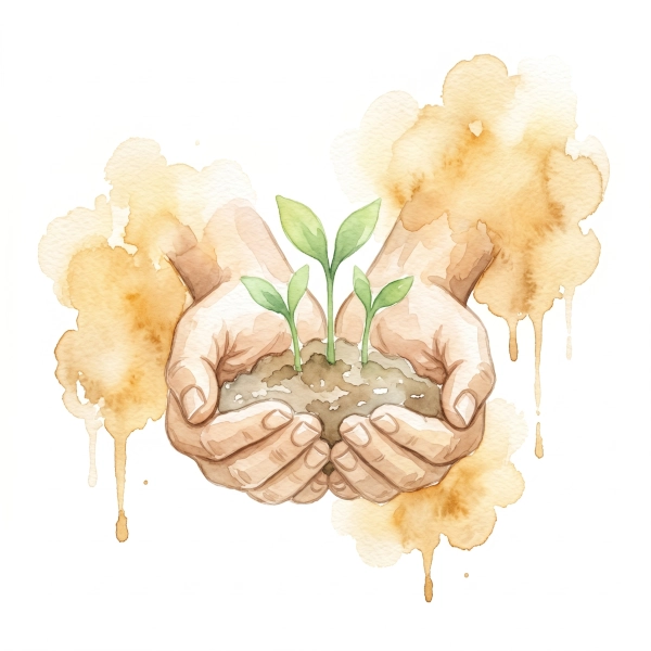 Watercolor illustration of two hands holding damp earth with emerging green sprouts, exploding with warm amber and gold watercolor puffs and runny drips for spiritual meditation on gratitude.
