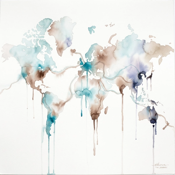 Ethereal, abstract watercolor path made of cloud-like puffs and running ink on white background, representing the rosary journey of spiritual meditation.