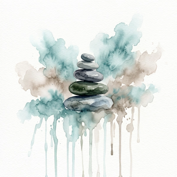 Minimalist watercolor of smooth stacked river stones on a white background with misty teal cloud puffs and runny ink drips, representing contemplative art in Santiago de Compostela.