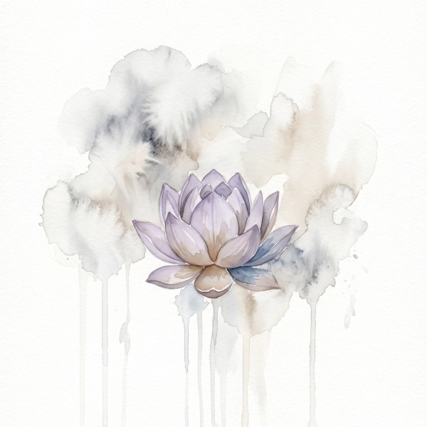 Minimalist watercolor lavender lotus flower on pure white background, surrounded by smoky gray cloud-like puffs and runny drip effects, used for spiritual meditation on silence.