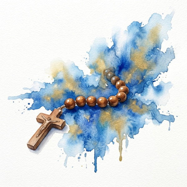 Close-up of wooden rosary beads and crucifix with expansive cloud-like washes of blue and antique gold watercolor puffs and fluid, runny effects, inviting the user into virtual pilgrimage spiritual meditation.