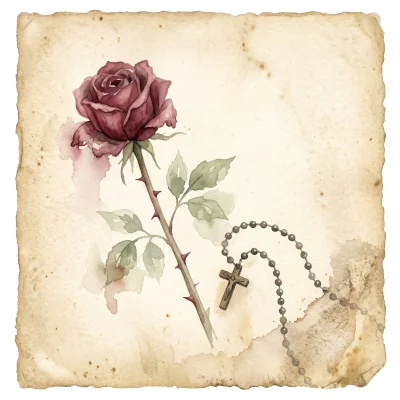 A single red rose with a rosary, watercolor illustration for the Seven Sorrows devotion