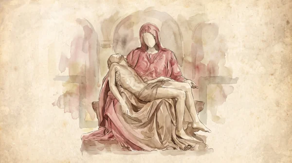 Watercolor of the Pieta, Jesus taken down from the Cross and held in Mary's arms